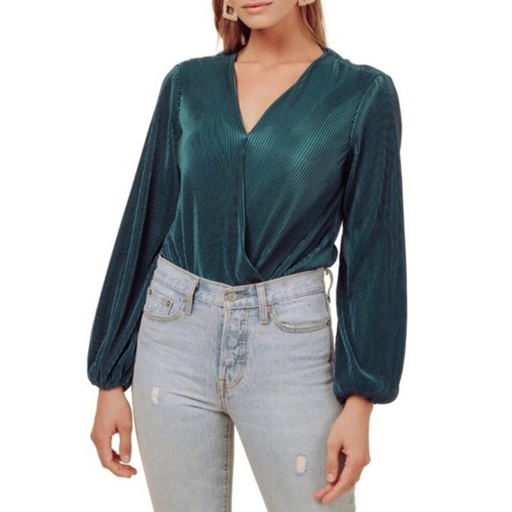 Astr The Label Pleated Bodysuit Deepneck Forest Green Women Size M